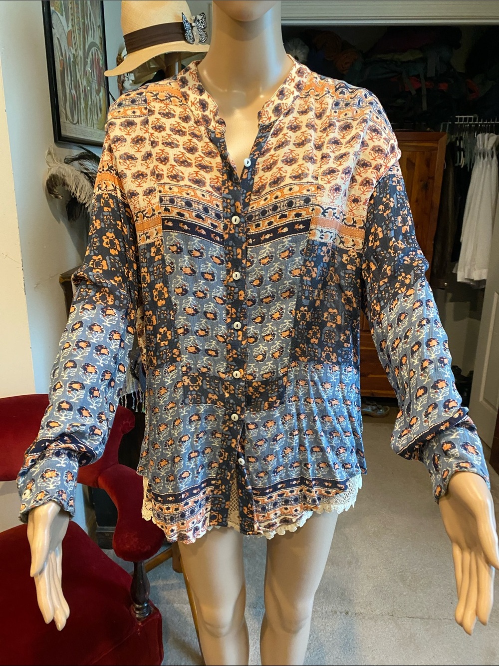 Free People Navy and Peach Boho Button-Front Blouse